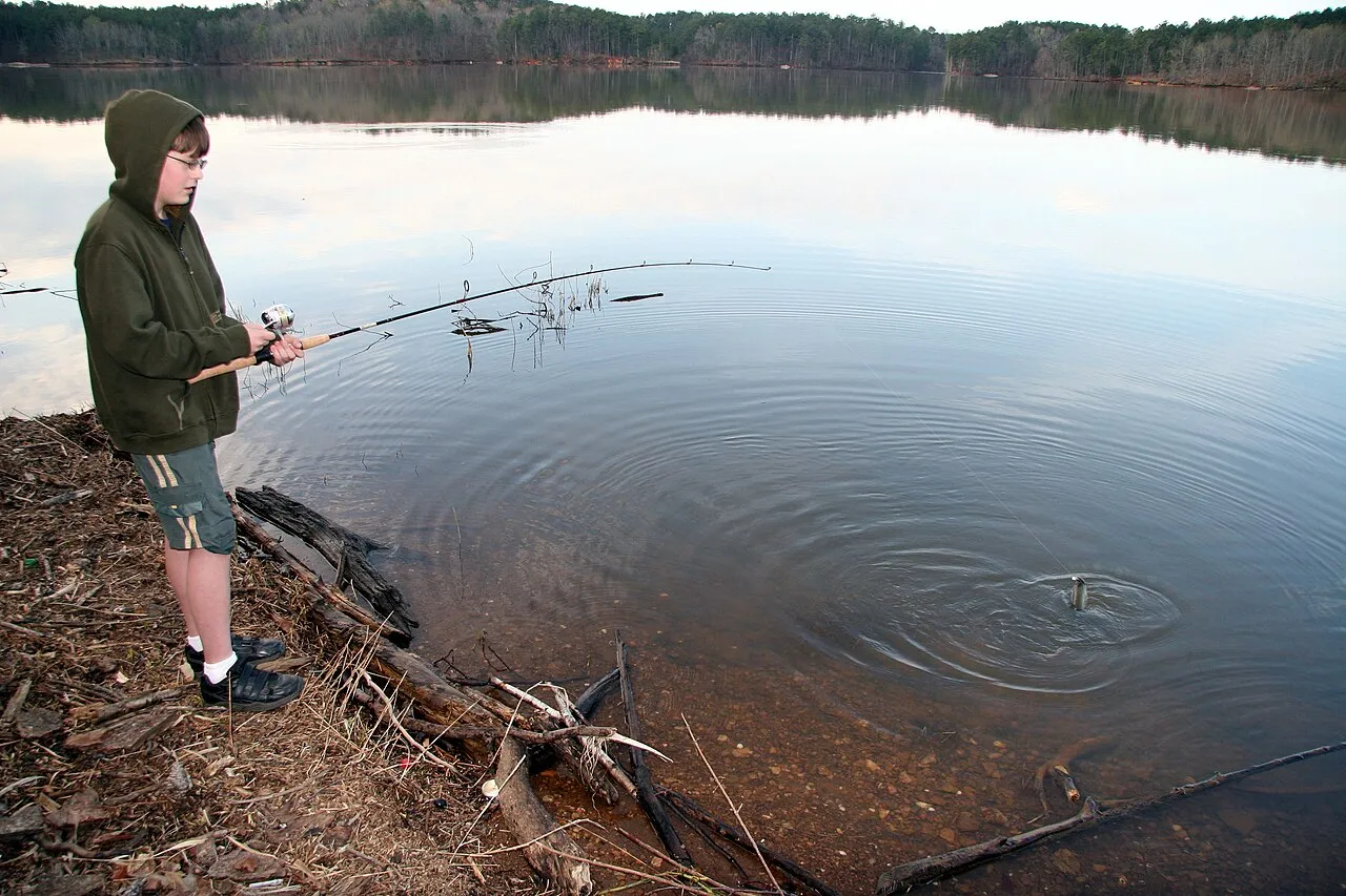 Placeholder stock photo: A boy fishing from the bank of a still pond